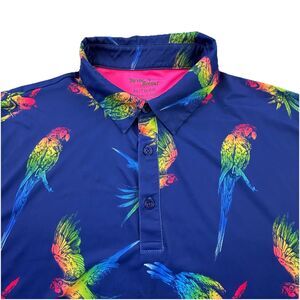 Birdie Bound Golf Polo Shirt XL Blue Parrot Bird Tropical Hawaiian Performance